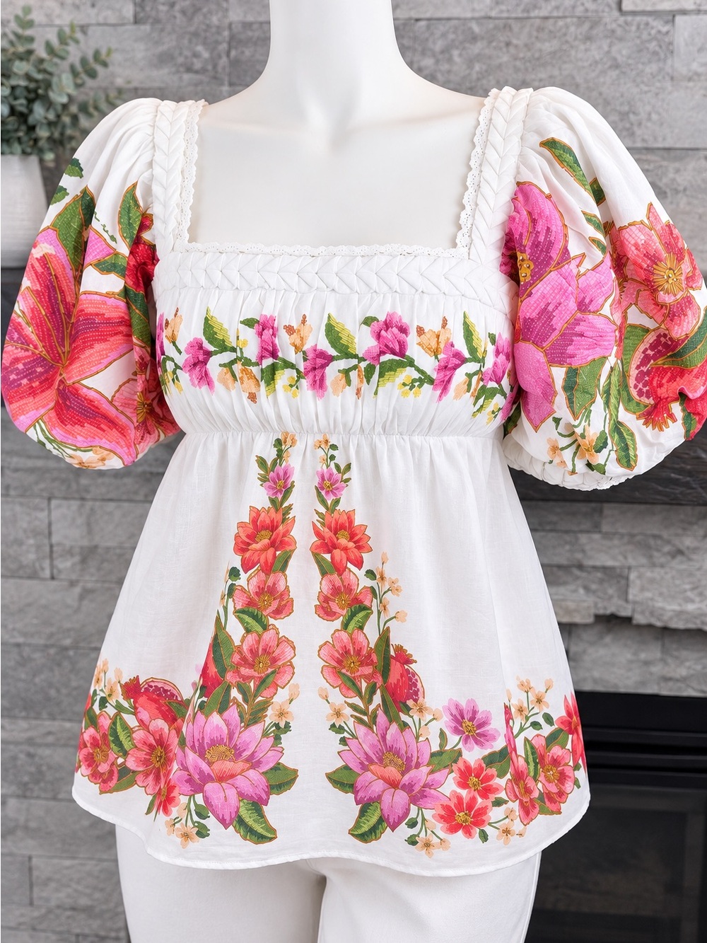 FARM Rio Summer Fruit Floral Puff Sleeve Blouse White L NWT $180 - Picture 2 of 10
